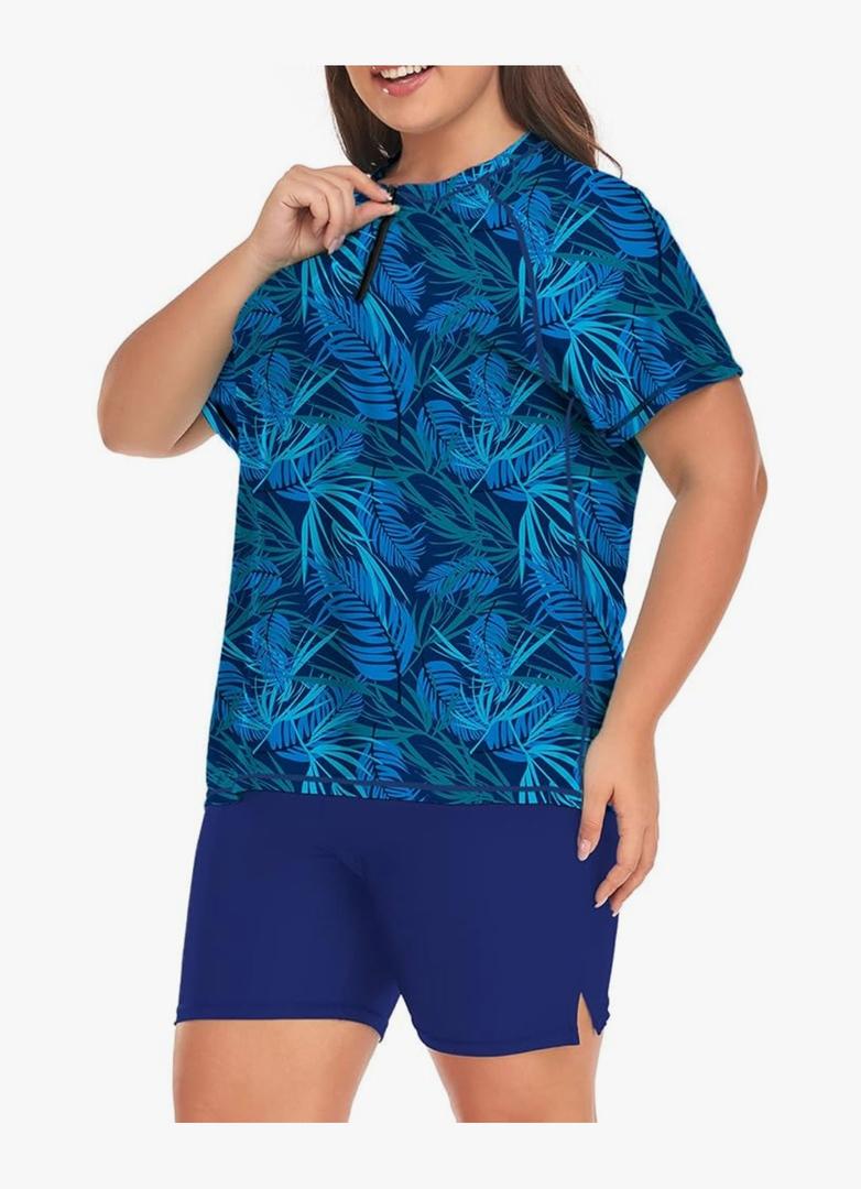 Inno Women's Plus Size 2 Piece Rash Guard Swimsuits Short Sleeve with Boyshorts UPF 50+ Surfing Swimwear 1X