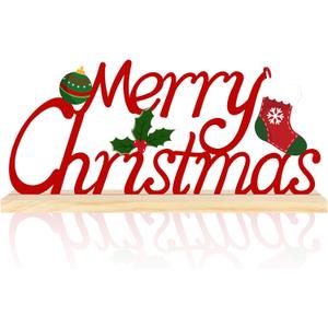 Metal Tabletop Decoration with Wood Base, Holiday Decorations for Home, Office, Shelf, Mantel, Indoor, Xmas Centerpiece Sign for Party Supplies