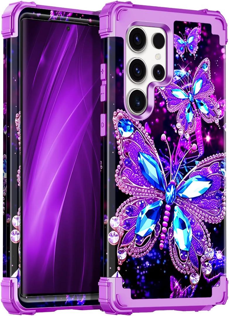 Hekodonk for Galaxy S22 Ultra Case,Three Layer Heavy Duty Shockproof Protection Hard Plastic+Soft Silicone Full Body Drop Protective Case for Samsung Galaxy S22 Ultra,Glow in The Dark All Purple