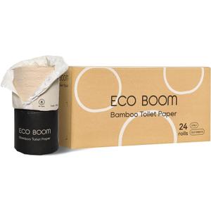 ECO BOOM Unbleached Bamboo Toilet Paper, 100% Tree-Free & Plastic-Free Packaging, 24 Mega Rolls, 360 Sheets & 3-Ply | PFAS Free, BPA Free, Septic Safe & FSC Certified