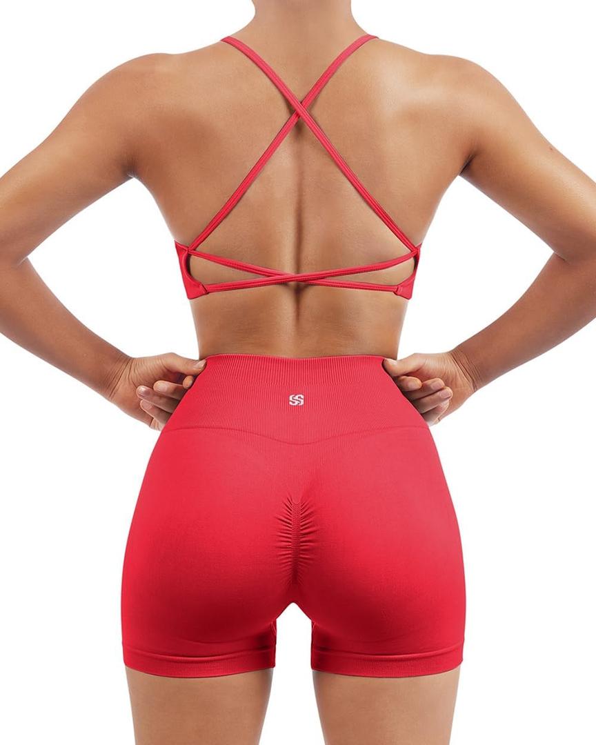 SUUKSESS Women Seamless Workout Sets Strappy Sports Bra High Waist Booty Shorts Outfits (Red, XS)