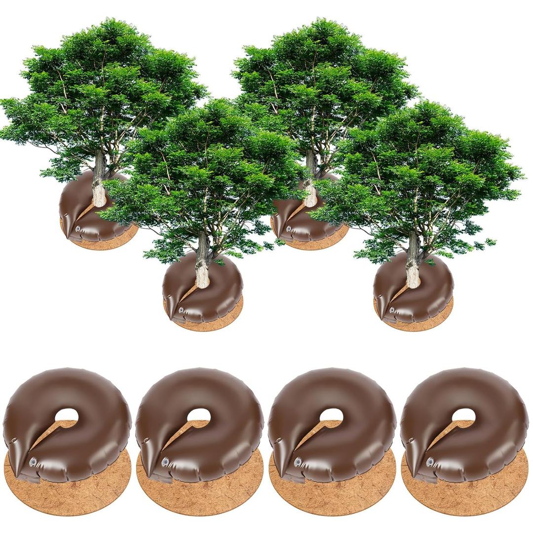4 Set Tree Watering Ring 20gal Watering Bags with Coconut Fiber Mulch Ring Deep Root and Slow Release Automatic Drip Irrigation System for New Trees, Multi-Trunk Trees and Shrubs