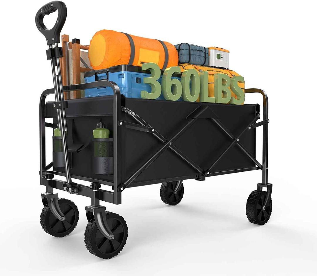 Collapsible Wagon Cart Foldable, 30" L Folding Beach Wagon with All-Terrain Wheels, Shopping Cart with 250lbs Capacity, Portable Camping Wagons Carts for Grocery Garden and Sports, Modern Black