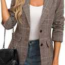 ELLEVEN Womens Casual Plaid Blazer Lapel Collar Double Button Long Sleeve Boyfriend Blazer Suit Houndstooth Plaid Blazer Jacket Business Work Office Blazer Suits Chestnut Plaid, Large