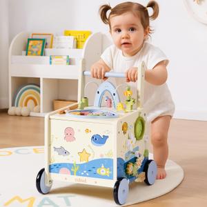 ROBUD Wooden Baby Push Walker, Marine Theme Learning Walking Toys, Adjustable Height Baby Walker with Decelerator, Montessori Toys for Baby Age 10 Months+, WRP23, L14.6 X W15.4 X H19.7 Inches