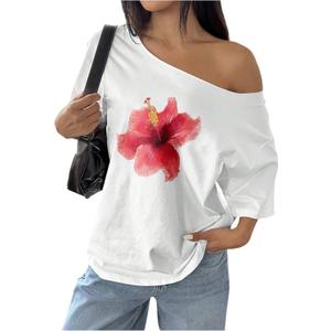 Women's Oversized Off Shoulder Graphic Tees Short Sleeve Bow Letter Print T Shirts Y2K Tops (XL)