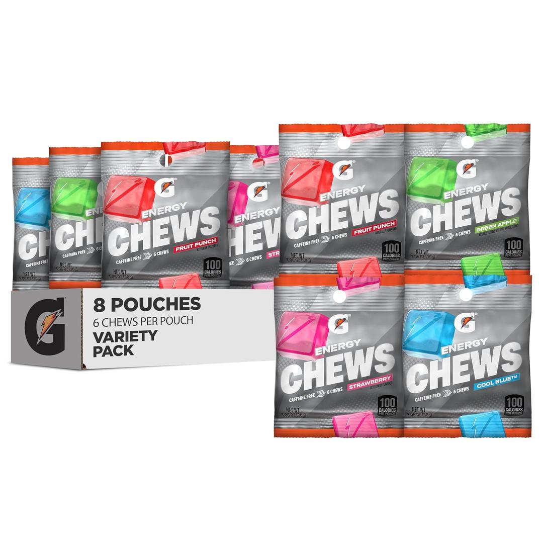 Gatorade Energy Chews, 4 Flavor Variety Pack, Caffeine Free, B12, 1.06 oz - 100 Calorie Pouches, (8 Pack) (EXP 10/13/26)
