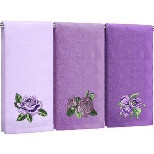 3 Pcs Purple Rose Hand Towels Lavender Purple Bathroom Decor Embroidered Floral Farmhouse Decorative Towels for Bathroom Kitchen Decor, 100% Cotton, 13. 3 x 29. 5''