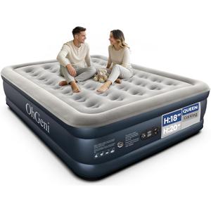 OhGeni Air Mattress Queen with Built in Pump, Ideal Alternative to a Bed, Blow Up Colchones Inflables Mattress for Guests, Portable Air Mattresses, 18" Raised Elevated Air Bed for Camping, Dark Blue