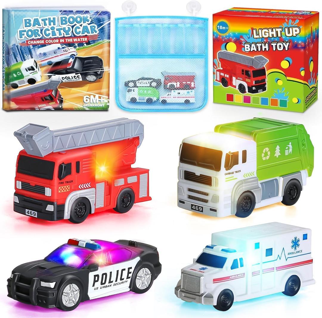 4 Floating Changing Color Light Up Bath Toy Car with Bath Book & Storage Bag, No Hole Realistic Car Bathtub Toys for Toddler Kid 18 month +, Bathroom Tub Pool Beach Swimming Party, Birthday Gift