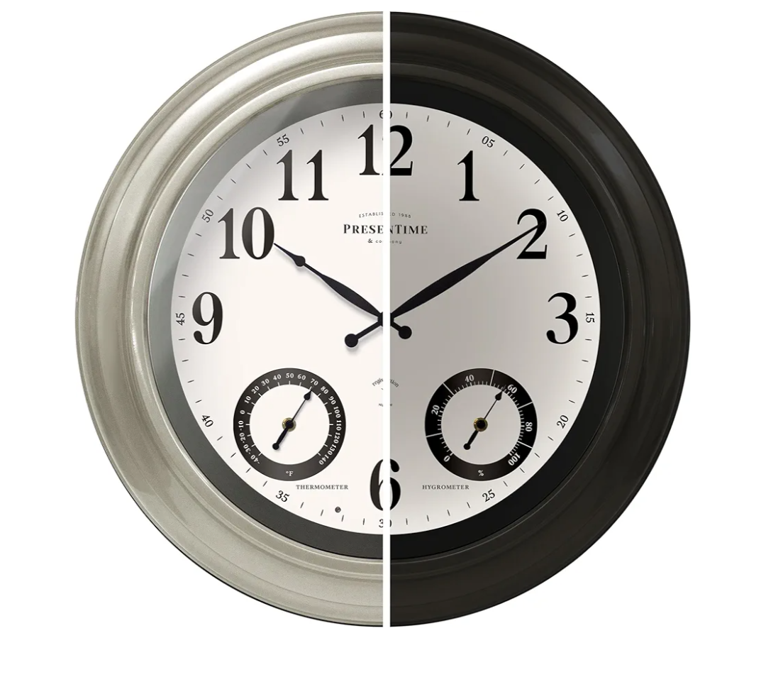 Presentime & Co 24" Jameson Illuminated in/Outdoor Clock, Modern Farmhouse, Self-Illuminated, Waterproof, Weather Station (Thermometer & Hygrometer), Metal Clock, Morning Silver. (Night Light)