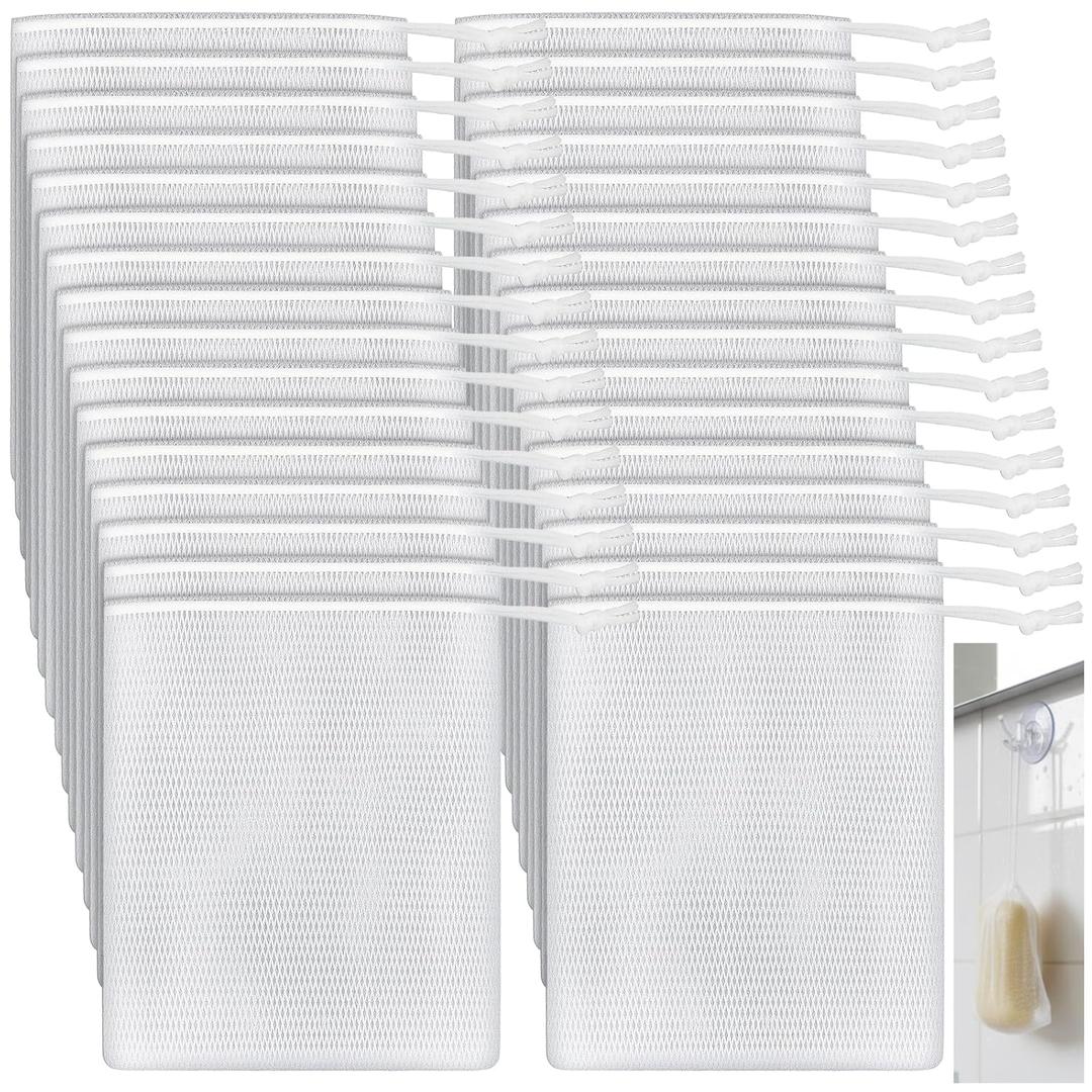 40Pcs Soap Saver Bag, Exfoliating Mesh Soap Saver Pouch Bags, Soap Pouch with Drawstring or Shower, Exfoliating, Foaming and Drying, Hangable (White