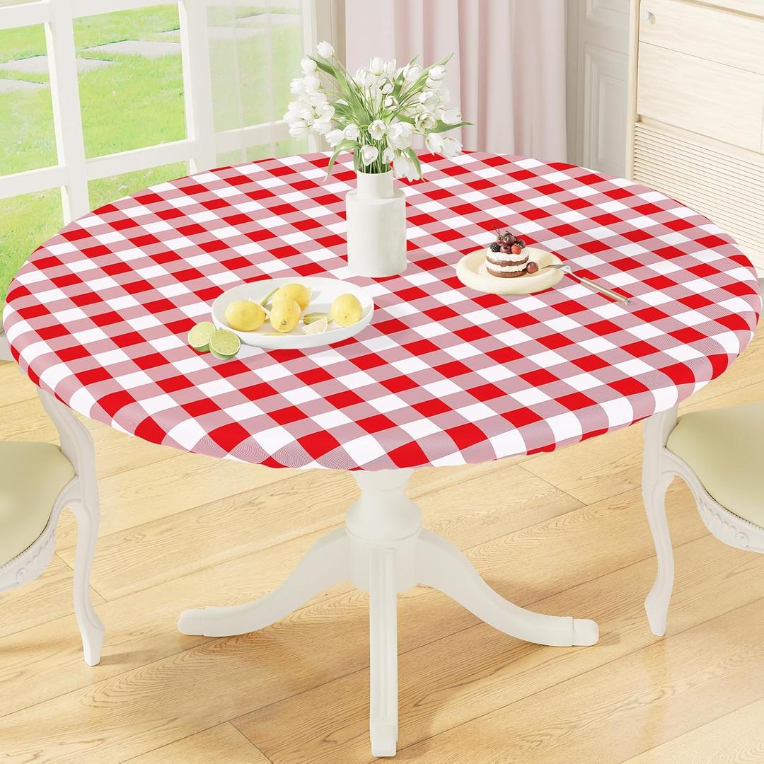 misaya Round Fitted Tablecloth with Elastic Edge, Buffalo Plaid Waterproof Vinyl Flannel Backed Table Cloth Cover Fits 31"-35" Round Tables for Dinner, Outdoor, Picnic, Red White Check