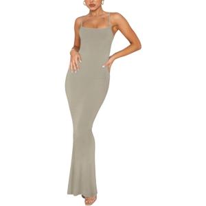 REORIA Women's Basic Sexy Lounge Slip Long Dress Elegant Sleeveless Backless Ribbed Bodycon Maxi Dresses (Large, Antique Pewter)