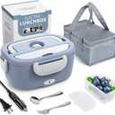 Herrfilk Electric Lunch Box Food Heater, 3 in 1 Ultra Quick Heated Lunch Boxes for Adults, 12V/24V/110V Portable Food Warmer for Car/Truck/Office With Fork Spoon and Insulated Carry Bag (Light Blue)