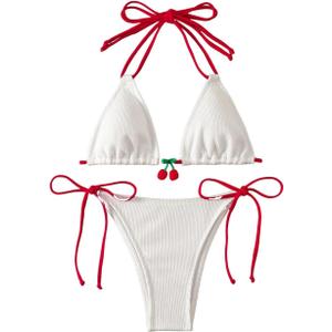 GORGLITTER Women's Cherry Bikini Set High Cut Thong Colorblock Halter Triangle Swimsuit Bathing Suit Summer Fashion (Large, Red and White)