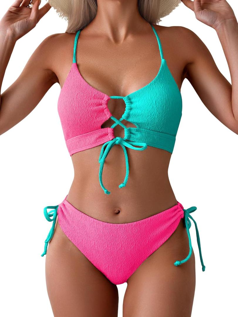 B2prity Women's Sexy Bikini Set Color Block Lace Up 2 Piece Bathing Suit Tie Side Swimsuit (Large)