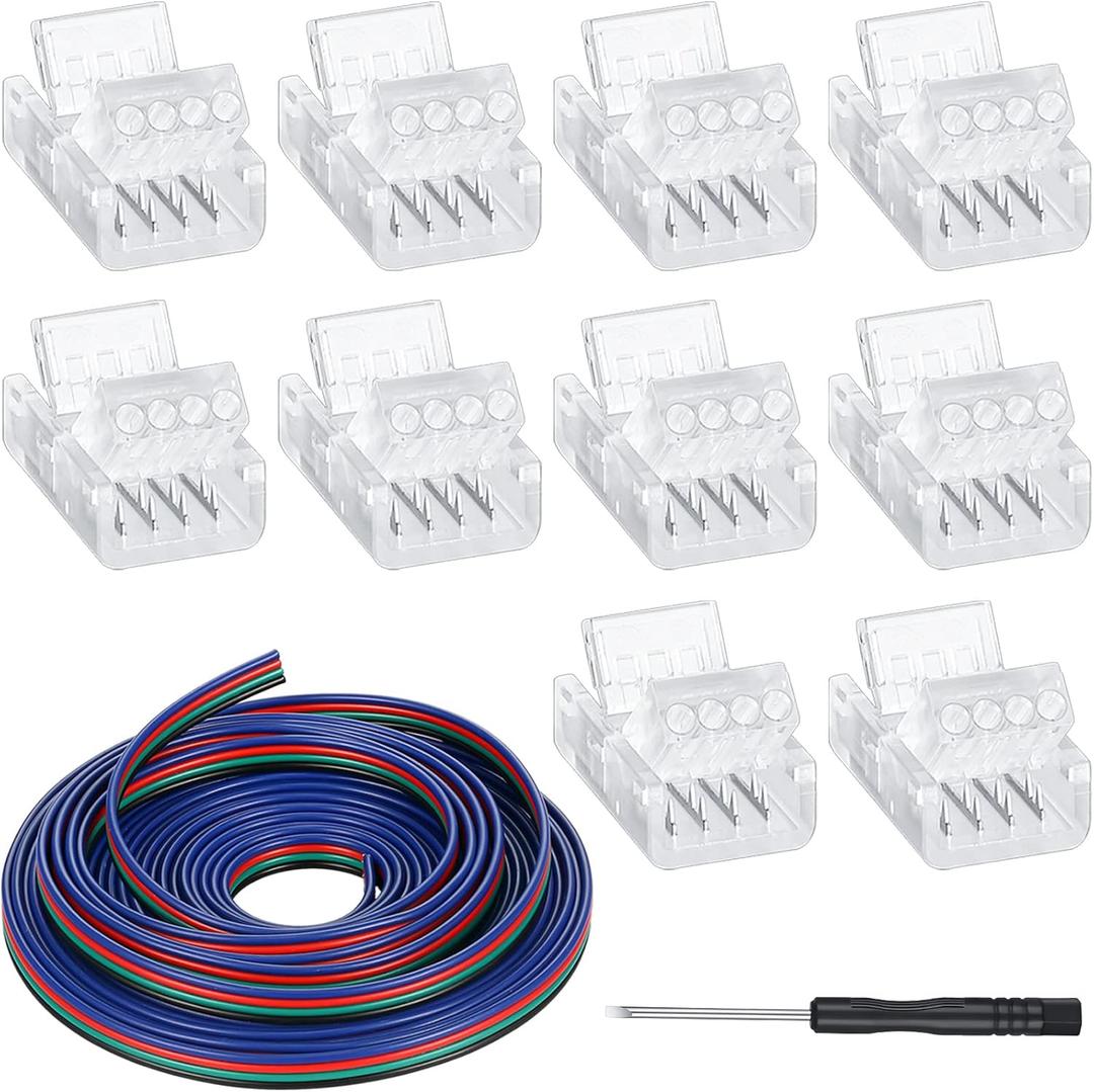 Zhengmy 10 Pack 4 Pin 10 mm Solderless LED Strip Light Connectors, Track Lighting Connectors for Waterproof RGB LED Strip Lights 16.4 ft Conductor Extension Cable with Screwdriver(4 Pin)