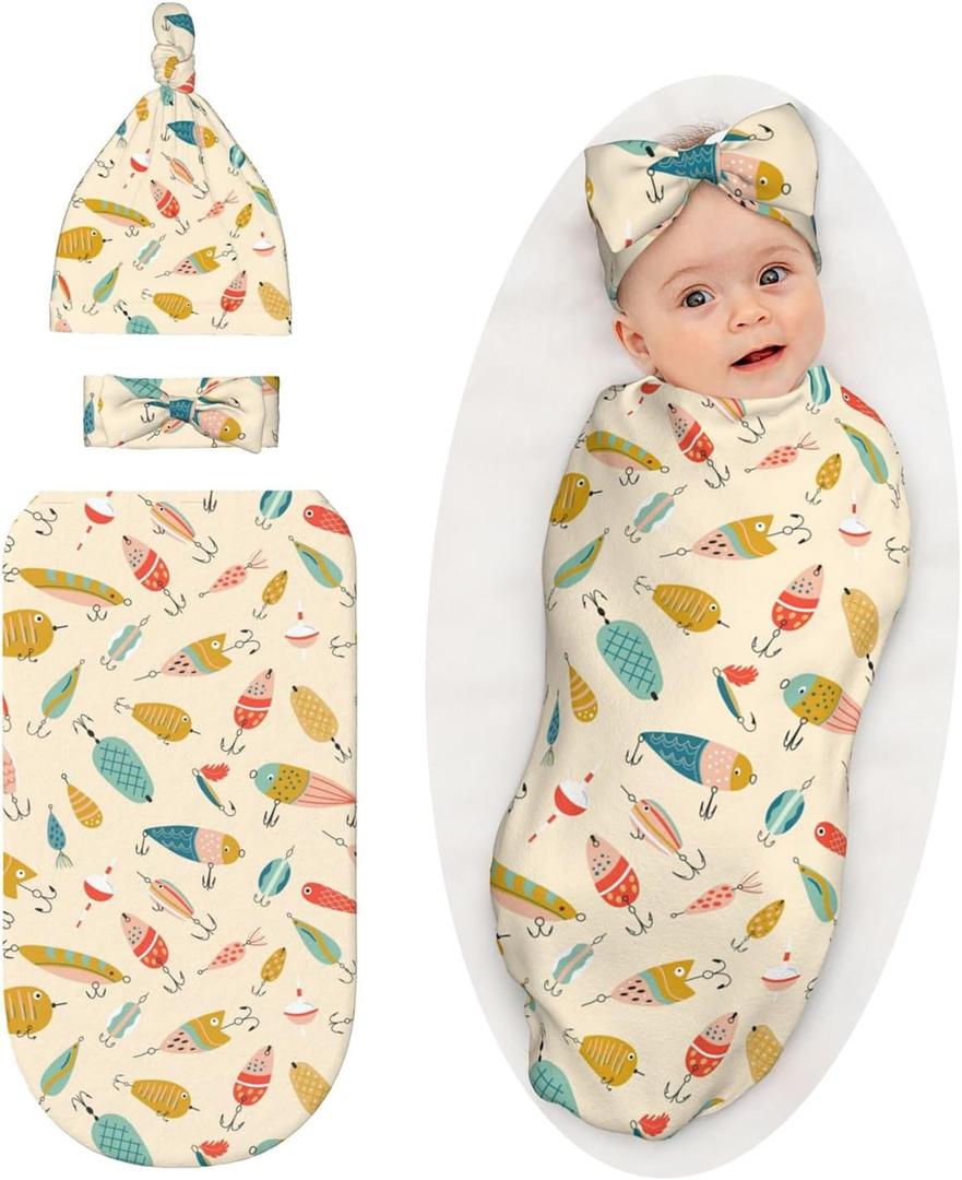 Fishing Baby Stuff Swaddle Blanket with Headband and Beanie Set, Soft Fisher Newborn Receiving Blanket Outfit Infant Shower Gift for Boys Girls