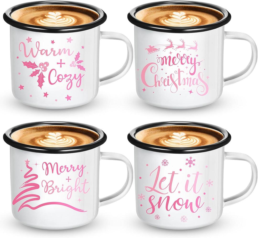 Yaomiao 4 Pack Christmas Gifts Enamel Mugs Warm and Cozy Enamel Tea Cups 12 Ounce Merry and Bright Coffee Mugs Seasonal Holiday Vintage Camping Cup for Women Coworkers (Pink, Bright Style)