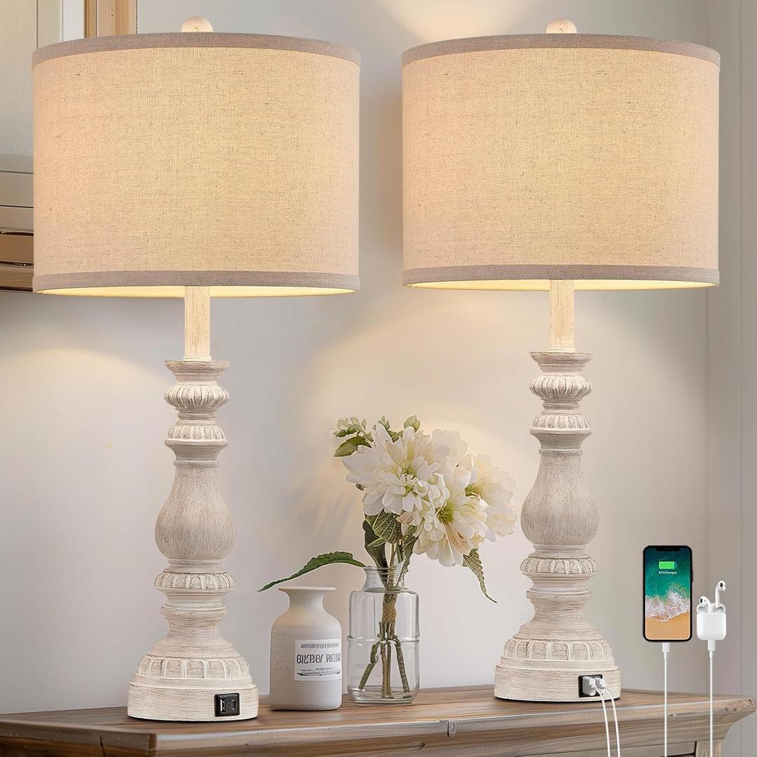 28.5" Tall Farmhouse Table Lamps Set of 2 for Living Room Rustic Bedside Lamps with USB C+A Traditional Lamp for Bedroom Nightstand Office Hallway, Washed White, Rotary Switch, Bulb not included