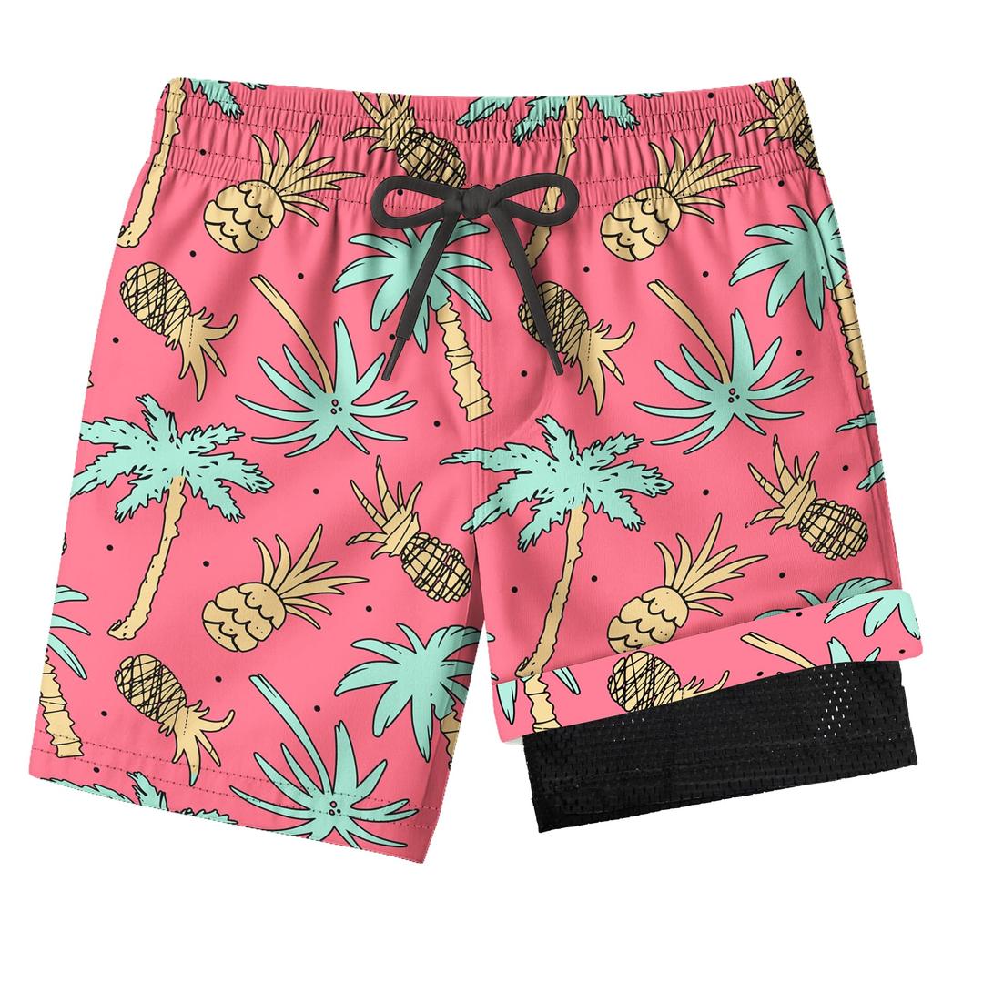 FABUVIEW Boys Swim Trunks with Compression Liner for 7-16 Years,Pineapple Pattern Quick-Dry Swim Shorts for Kids Teens, Breathable Sun Protection Board Shorts, Adjustable Drawstring Swimsuit
