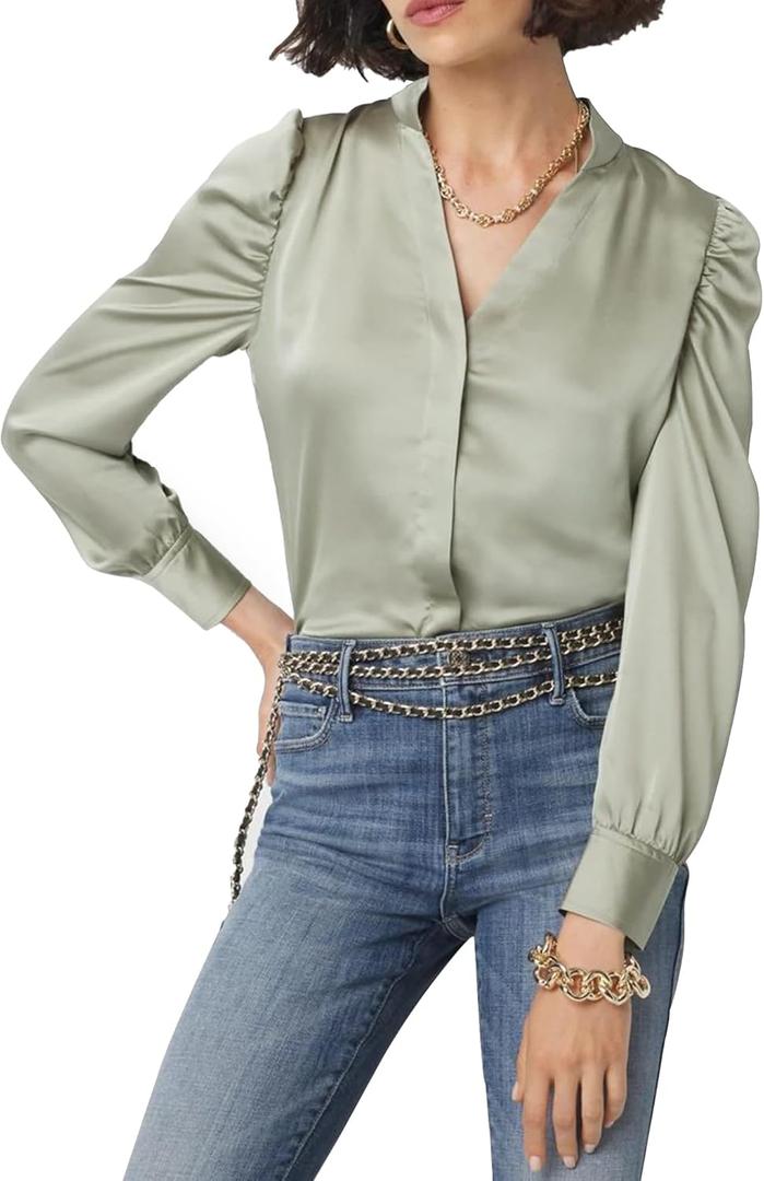 Womens Bay Leaf Satin Y Neck Ruched Shoulder Shirt Long Sleeve Tops Dressy Business Casual Blouse (M)