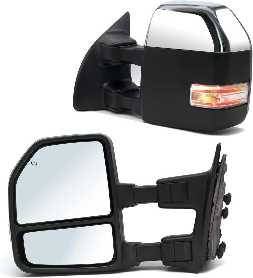 ReYee Towing Mirrors fit for 1999-2016 Ford F250 F350 F450 F550 Super Duty with Heated Power Turn Signal Light Manual Telescopic Auxiliary Lamp Chrome Cap LH RH
