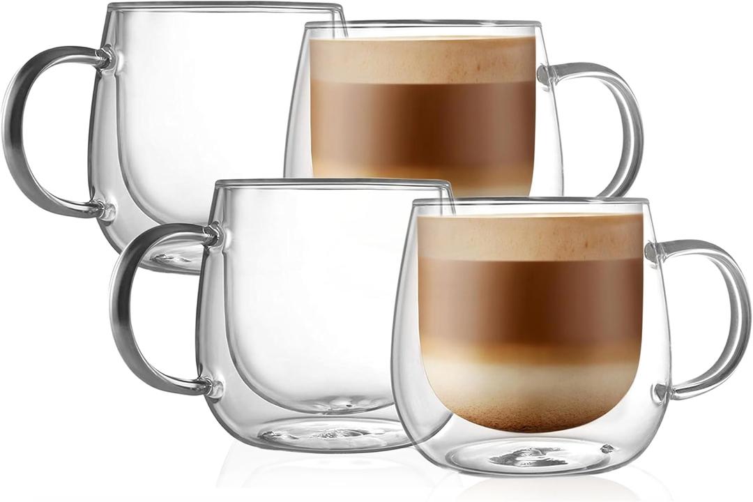CNGLASS 16oz Double Walled Glass Coffee Mugs(4-pack), Large Clear Coffee Cups with Handle, Glass Espresso Mugs for Latte, Cappuccino, Tea
