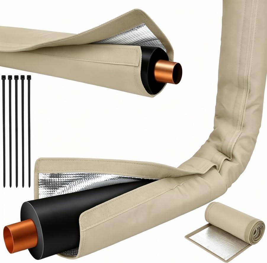 Outdoor HVAC Copper Pipe Insulation Cover, 72x10.2 Inch Flexible 600D Oxford AC Pipe Insulation Cover for Outside Weatherproof Sleeve Central Air Conditioning Mini Splits Winter Protection, Khaki