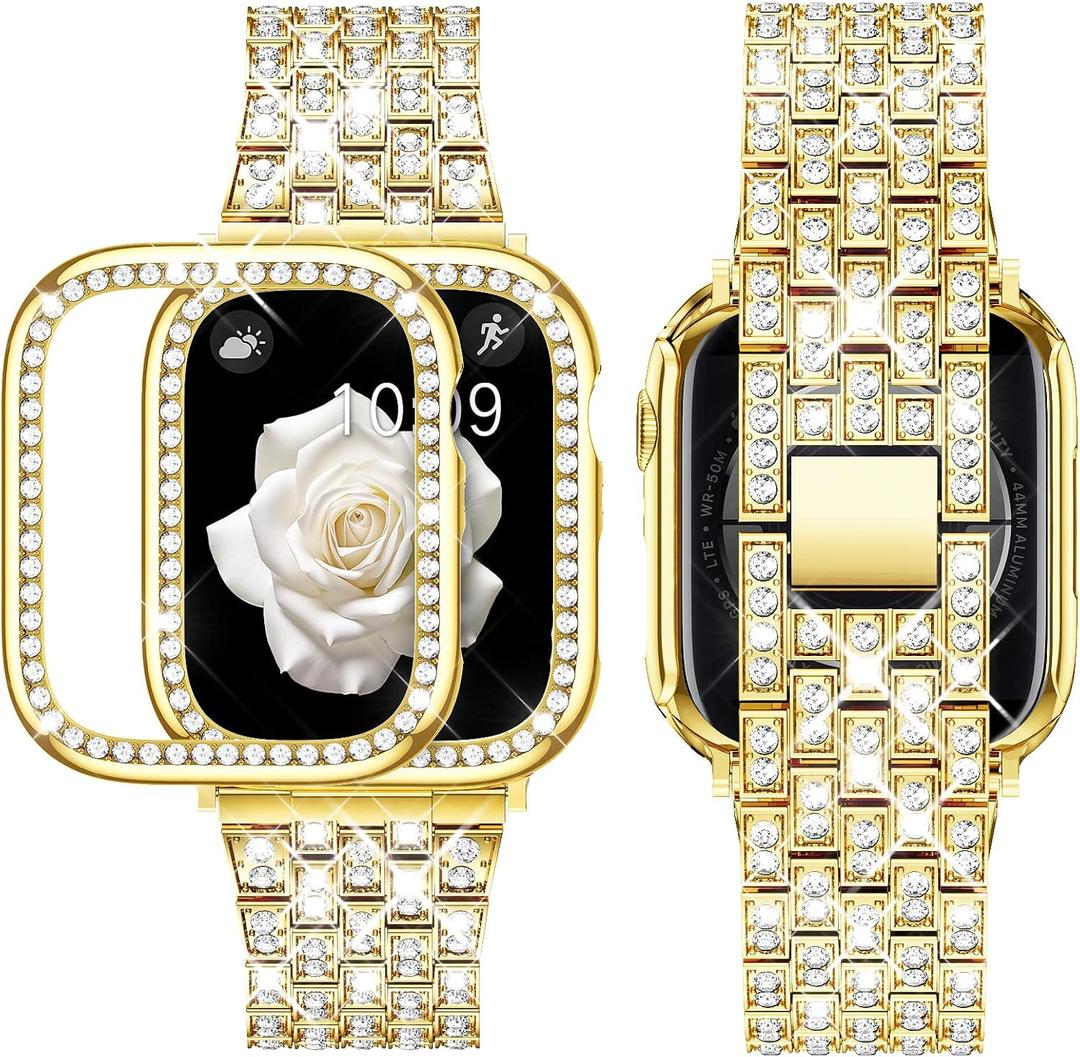 Supoix Compatible with Apple Watch Band 38/40/41/42/44/45/46/49mm+ Case, Women Jewelry Bling Diamond Rhinestone Replacement Metal Bands & 2 Pack PC Protector Case for iWatch Ultra 3/2/1 Series 11/10/9/8/7/6/5/4/3/2/1/SE (Gold)