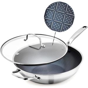 Blue Diamond Hybrid Nonstick Stainless Steel 12 Wok with Lid, PFAS-Free Ceramic Diamond Bond Stir-Fry Pan, Induction Ready, Dishwasher & Oven Safe, Metal Utensil Safe, Stay-Cool Handle, Silver