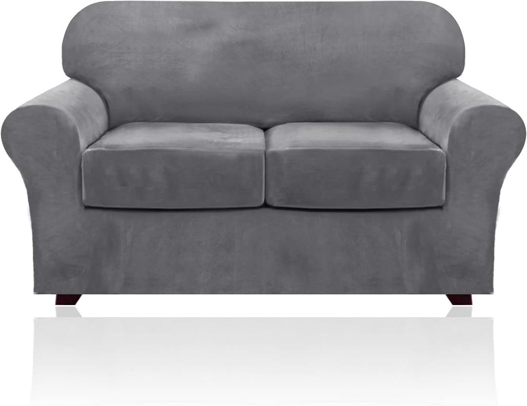 PrimeBeau Velvet 3 Piece Loveseat Slipcover for 2 Cushion Couch High Stretch Sofa Covers with Individual Cushion Covers Elastic Bottom Strap Sofa Protector Form Fit, Machine Washable(Loveseat, Grey)