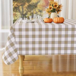 misaya Rectangle Waterproof Vinyl Table Cloth, Buffalo Flannel Backed Tablecloth, Wipeable Plastic Table Cover for Fall, Thanksgiving (60" x 84", Khaki and White)