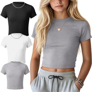 2 x Oakgarden 3 Pack Girls Shirts Short Sleeve Tops for Kids Summer Crop Tops Clothes for Girls Mock Turtleneck Tees 5-16 Y