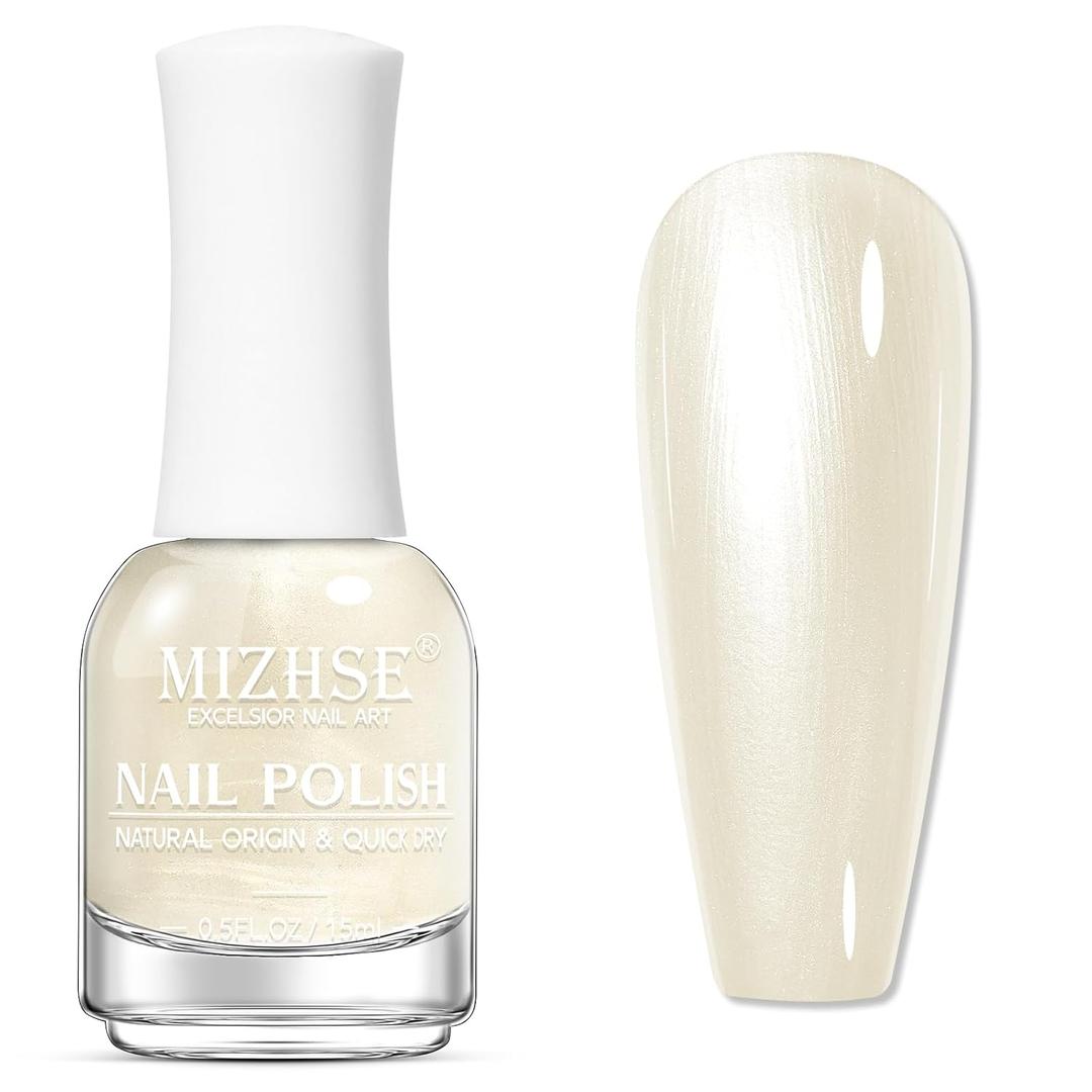 MIZHSE Pearlescent Milky White Nail Polish, Quick Dry Creamy White Pearl Nail Polish, Air Fast Drying 15ml Nail Lacquer Non Gel Oil-based Nail Art Manicure Home DIY