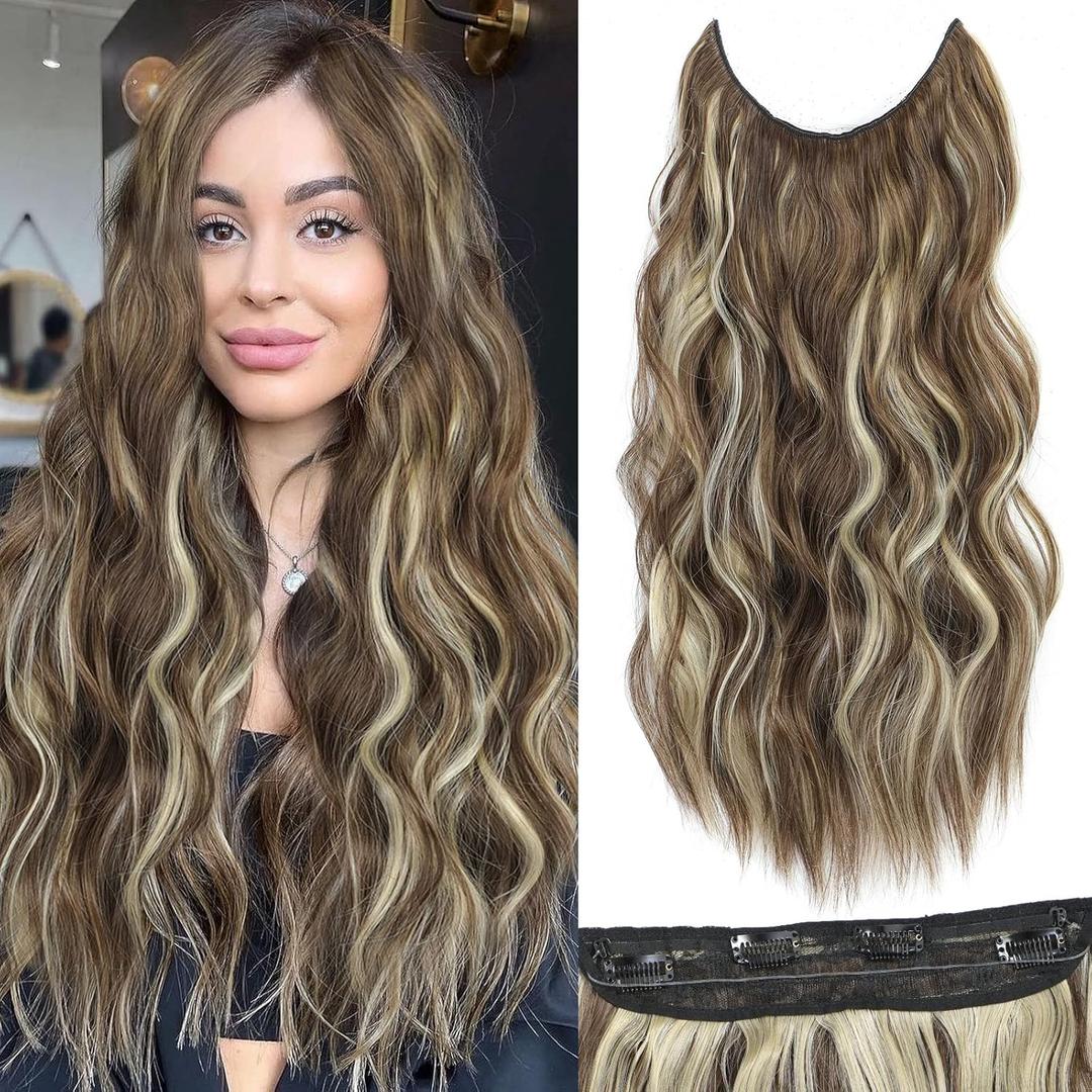 Halo Hair Extensions 20 Inch Invisible Wire Hair Extensions Adjustable Long Wavy Hairpiece Synthetic Upgrade 4 Secure Clips in Hairpieces 20 Inch,Ash Brown Blend Ash Blonde