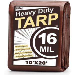 Keten Tarps Heavy Duty Waterproof 10X20 Feet, Extra Thick 16 Mil, Tear & Fade Resistant, 100% UV Blocking, Outdoor Tarp with Reinforced Grommets for Roof, Camping, Patio, Pool, Boat (Brown/Silver)