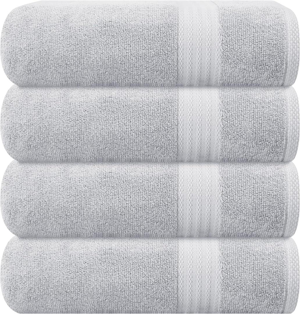 GLAMBURG Premium Cotton 4 Pack Bath Towel Set - 100% Pure Cotton - 4 Bath Towels 27x54 - Ideal for Everyday use - Ultra Soft & Highly Absorbent - Light Grey