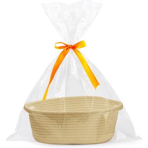 Pro Goleem Small Woven Basket with Gift Bags and Ribbons Durable Baskets for Gifts Empty Small Rope Basket for Storage 12"X 8" X 5" Baby Toy Basket with Handles, Khaki