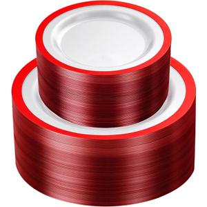 U-QE 120PCS Red Plastic Plates for Party - Red Plates Disposable Heavy Duty - Fancy Disposable Plates Include 60 10" Dinner and 60 7" Dessert Platos for Party, Weddings & Special Moments