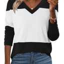 KISSMODA Fall Shirts For Women 2025 Tunics Or Tops To Wear With Leggings Blouses For Women Business Casual V Neck T Shirts White Color Block Tops Work Clothes White S