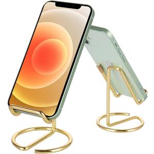 ROPOSY 2 Pack Cell Phone Stand for Desk, Cute Metal Gold Cell Phone Stand Holder Desk Accessories, Compatible with All Mobile Phones, iPhone, iPad