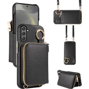 Wallet Case for Samsung Galaxy S24 Plus S24+ 5G with Shoulder Strap Ring Buckle, Luxury PU Leather Zipper Flip Organ Purse, Card Holder Stand Cell Phone Cover for S24plus 24S + S 24 24+ Black