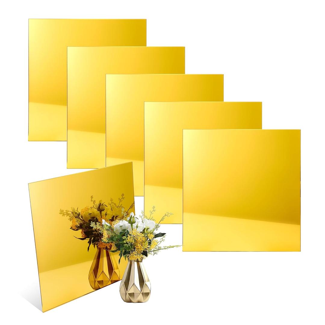 5pack Mirror Acrylic Sheets, 12" x 12" Opaque Glossy Mirror Plastic Sheet with 1/8 Inch3mm Thickness, Rigid Tinted Mirror Acrylic for Cutting, Sawing, Laser Cutting and Engraving (12X12, Gold, 5)