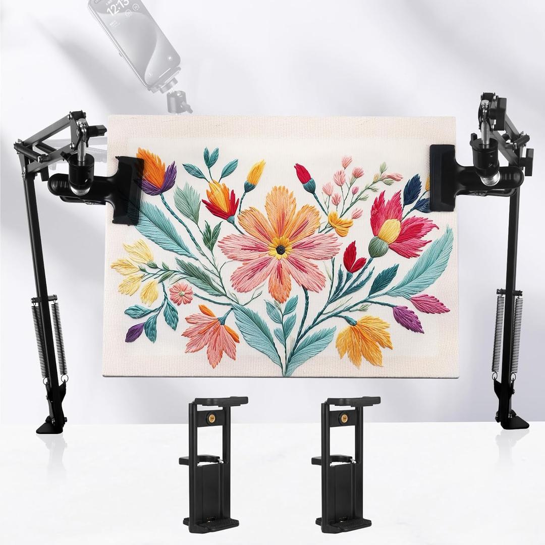 2Pcs Black Adjustable Embroidery Hoops Stand for Hand Work,3-in-1 Hoop/Tablet/Phone Holder Desk Stand,Cross Stitch Frame with 360 Rotation,Needlework Frame Holder