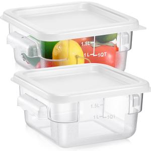 FoldTier 2 Pieces Square Food Storage Containers Polycarbonate Clear food Container with Lid Commercial Storage with Graduations for Commercial Kitchen Dough Marinating Meat(White,2 Qt)