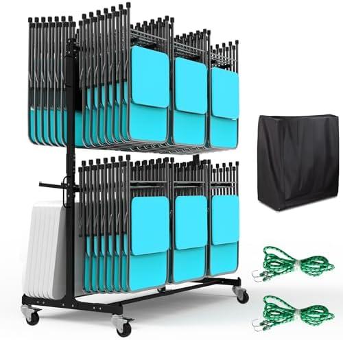 Eastrexon Updated Folding Chair Rack, Heavy-Duty Folding Chair Cart w/ 4 Swivel Wheels, Holds 12 Tables or 84 Chairs, Up to 1000 LBS Capacity, 2 Binding Ropes, 1 Dust Cover, 72“L x 33”W x 74”H, Black
