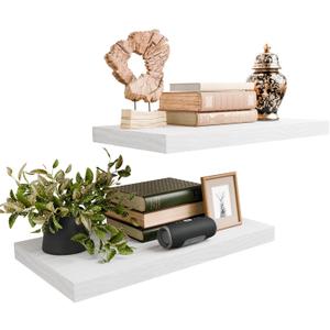 White 24 Inch Rustic Floating Shelves for Wall, Wooden 12 Inch Deep Floating Shelves Set of 2, Wall Shelves for Bathroom over Toilet, Live Edge Display Shelf with Invisible Brackets for Home Decor