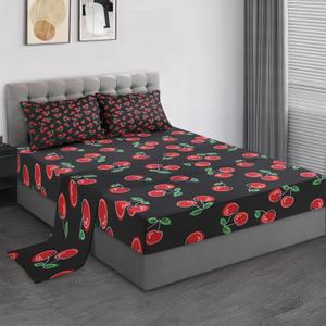 Queen Size Bed Sheet Sets, Red Black Cherry Fruit Soft Microfiber 4 Pcs Bedding Sets for Kids and Adults Bedroom Bed Decor, Retro Leaf Summer Flat, Fitted Sheet and 2 Pillowcases (Cherries)